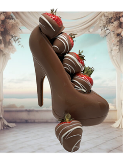 Chocolate shoe with 6 chocolate dipped Strawberries