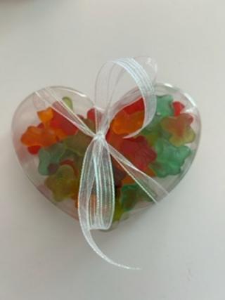 Heart boxes filled with  M&M's,,Gumie Bears, Jolly ranchers, Gummie Hearts