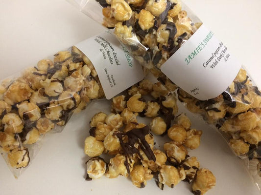 Caramel Popcorn with Nuts Drizzled with chocolate